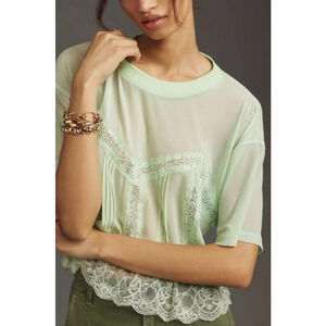 Anthropologie Dolan Short-Sleeve Sheer Lace Top Medium Mint Green Ruffled Sz. XL